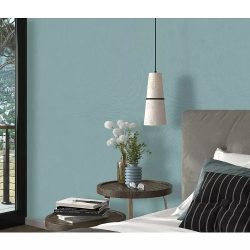 Pasztel petrol kék alapon ezüst csillámos elegáns egyszínű strukturált vlies-vinyl tapéta