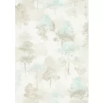 Forest Dreams: Halványkék-bézs erdei fa mintás (lángálló, mosható) vlies-vinyl tapéta