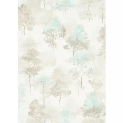 Forest Dreams: Halványkék-bézs erdei fa mintás (lángálló, mosható) vlies-vinyl tapéta
