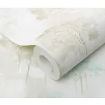 Forest Dreams: Halványkék-bézs erdei fa mintás (lángálló, mosható) vlies-vinyl tapéta