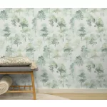 Forest Dreams: Zöld-fehér erdei fa mintás (lángálló, mosható) vlies-vinyl tapéta