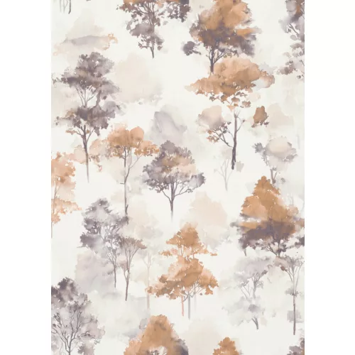 Forest Dreams: Barnás szinvilágú-fehér erdei fa mintás (lángálló, mosható) vlies-vinyl tapéta