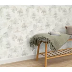 Forest Dreams: Halványbézs és szürke sznvilágú erdei fa mintás (lángálló, mosható) vlies-vinyl tapéta