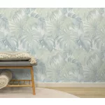 Forest Dreams: Halvány zöld pálmalevél mintás (lángálló, mosható) vlies-vinyl tapéta