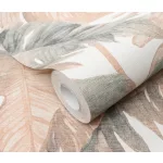 Forest Dreams: Zöld és rézbarna pálmalevél mintás (lángálló, mosható) vlies-vinyl tapéta