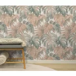 Forest Dreams: Zöld és rézbarna pálmalevél mintás (lángálló, mosható) vlies-vinyl tapéta