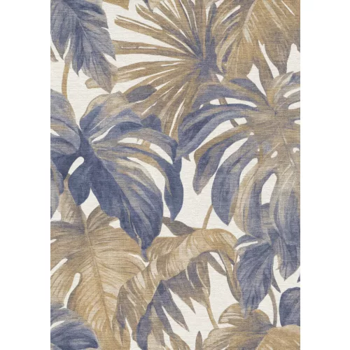 Forest Dreams: Mustárosbarna-kék pálmalevél mintás (lángálló, mosható) vlies-vinyl tapéta