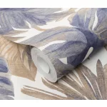 Forest Dreams: Mustárosbarna-kék pálmalevél mintás (lángálló, mosható) vlies-vinyl tapéta