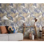 Forest Dreams: Mustárosbarna-kék pálmalevél mintás (lángálló, mosható) vlies-vinyl tapéta