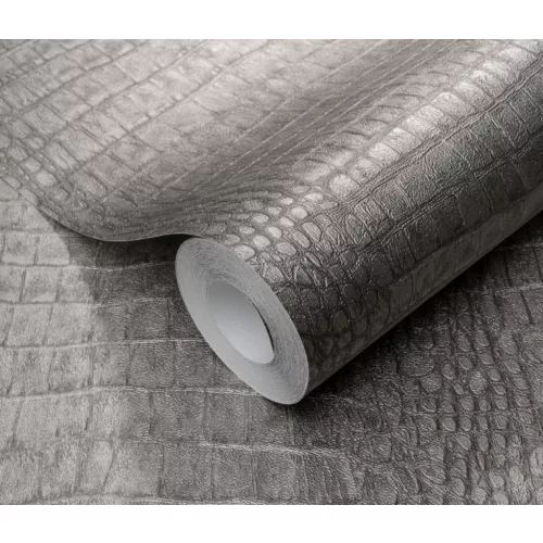 Forest Dreams: Króm-ezüst enyhén csillogó krokodilbőr mintás texturált hatású (lángálló, mosható) vlies-vinyl tapéta