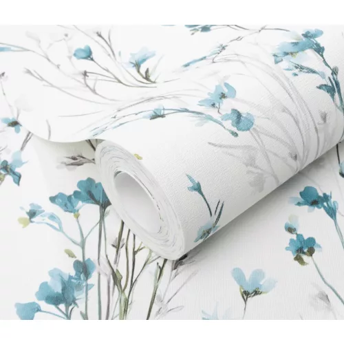 Forest Dreams: Kék-zöld-szürke vadvirágos mintás texturált (lángálló, mosható) vlies-vinyl tapéta