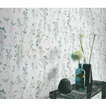 Forest Dreams: Kék-zöld-szürke vadvirágos mintás texturált (lángálló, mosható) vlies-vinyl tapéta