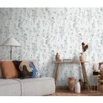 Forest Dreams: Kék-zöld-szürke vadvirágos mintás texturált (lángálló, mosható) vlies-vinyl tapéta