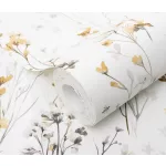 Forest Dreams: Sárga-szürke vadvirágos mintás texturált (lángálló, mosható) vlies-vinyl tapéta