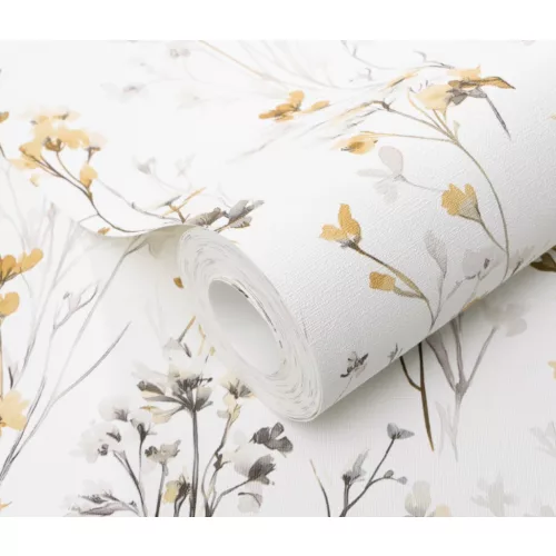 Forest Dreams: Sárga-szürke vadvirágos mintás texturált (lángálló, mosható) vlies-vinyl tapéta