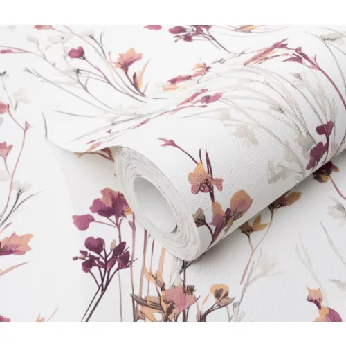 Forest Dreams: Ciklámen-narancsos-szürke vadvirágos mintás texturált (lángálló, mosható) vlies-vinyl tapéta