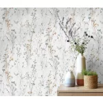 Forest Dreams: Kék-sárga-szürke vadvirágos mintás texturált (lángálló, mosható) vlies-vinyl tapéta