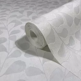   Naomi:  Elegáns gyöngyházfehér levélág mintás (mosható) vlies alapon hab felületű tapéta