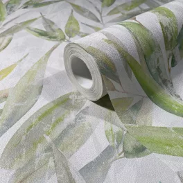   Naomi: Krém alapon zöld olívlevél mintás (mosható) vlies-vinyl tapéta
