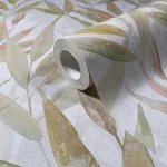 Naomi: Fehér alapon barna-zöld olívlevél mintás (mosható) vlies-vinyl tapéta