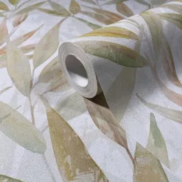   Naomi: Fehér alapon barna-zöld olívlevél mintás (mosható) vlies-vinyl tapéta