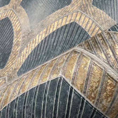 Metálos kollekció Speciel FX2: Türkiz-arany art deco legyezőmintás (mosható) vlies-vinyl tapéta