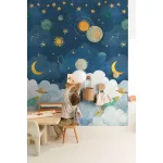 Little Dreamers: 159*280 cm-es Űr mintás falfestmény éjkék–felhőkék (mosható) vlies-vinyl tapéta falpanel