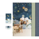 Little Dreamers: 159*280 cm-es Űr mintás falfestmény éjkék–felhőkék (mosható) vlies-vinyl tapéta falpanel