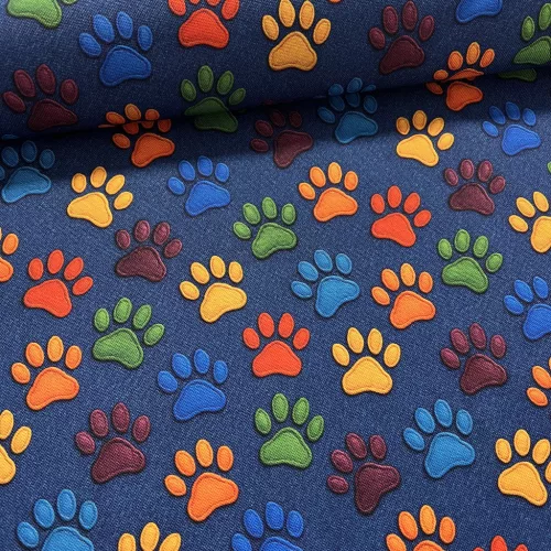 Designer vízálló szövet: Kék alapon színes tappancsos