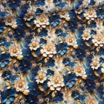 Designer vízálló szövet: Kék-fehér virágok arany levelekkel