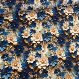   Designer vízálló szövet: Kék-fehér virágok arany levelekkel
