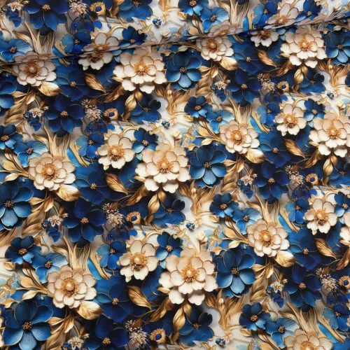 Designer vízálló szövet: Kék-fehér virágok arany levelekkel