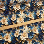 Designer vízálló szövet: Kék-fehér virágok arany levelekkel