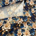 Designer vízálló szövet: Kék-fehér virágok arany levelekkel