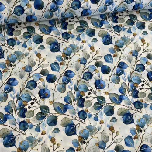 Designer vízálló szövet: Világos alapon kék-arany leveles