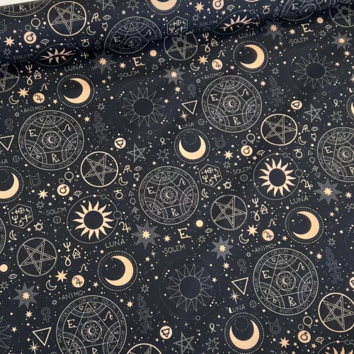 Designer vízálló szövet: Fekete alapon asztrológia mintás