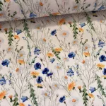 Designer vízálló szövet: Fehér alapon sárga-kék-fehér vadvirágos (A)