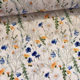   Designer vízálló szövet: Fehér alapon sárga-kék-fehér vadvirágos (A)