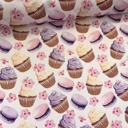 Designer vízálló szövet: Lila krémes muffinos-macaronos