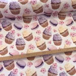 Designer vízálló szövet: Lila krémes muffinos-macaronos
