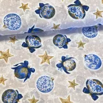 Natúr alapon kék gömbdíszek masnival karácsonyi dekortextil (TH'26)