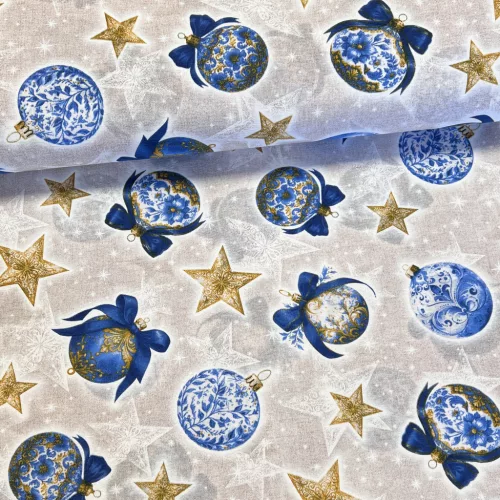 Natúr alapon kék gömbdíszek masnival karácsonyi dekortextil (TH'26)
