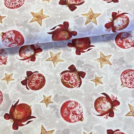   Natúr alapon piros gömbdíszek masnival karácsonyi dekortextil (TH'26)