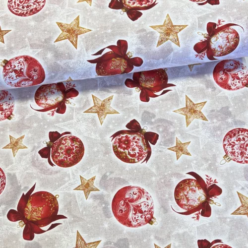 Natúr alapon piros gömbdíszek masnival karácsonyi dekortextil (TH'26)