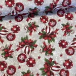 Mivon - natúr alapon csíkos és hópelyhes gömbdísz candy cane karácsonyi dekortextil (TH'26)