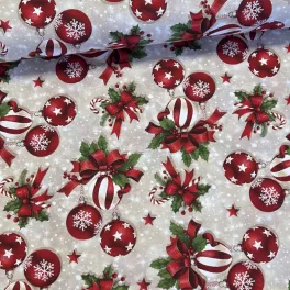   Mivon - natúr alapon csíkos és hópelyhes gömbdísz candy cane karácsonyi dekortextil (TH'26)