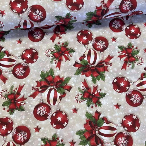 Mivon - natúr alapon csíkos és hópelyhes gömbdísz candy cane karácsonyi dekortextil (TH'26)