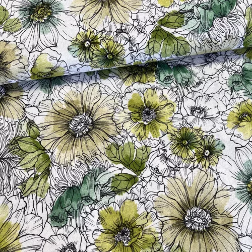 Rajzolt virágok zöldre festve dekortextil
