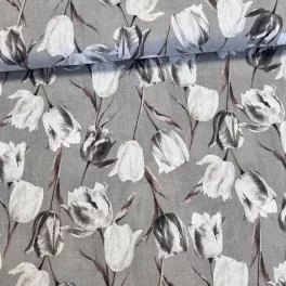 Szürkés alapon szürke-fehér tulipános dekortextil