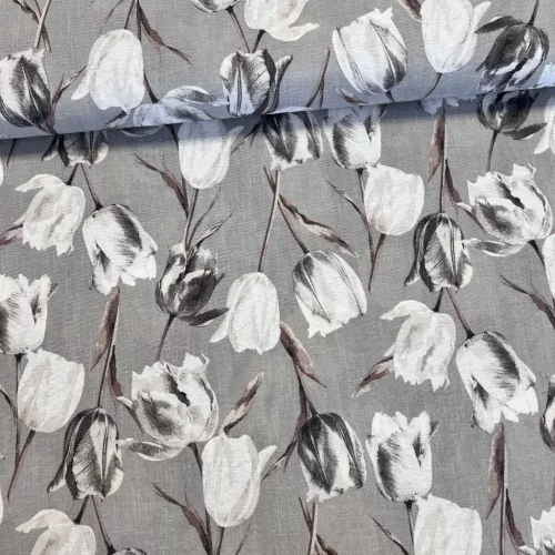 Szürkés alapon szürke-fehér tulipános dekortextil